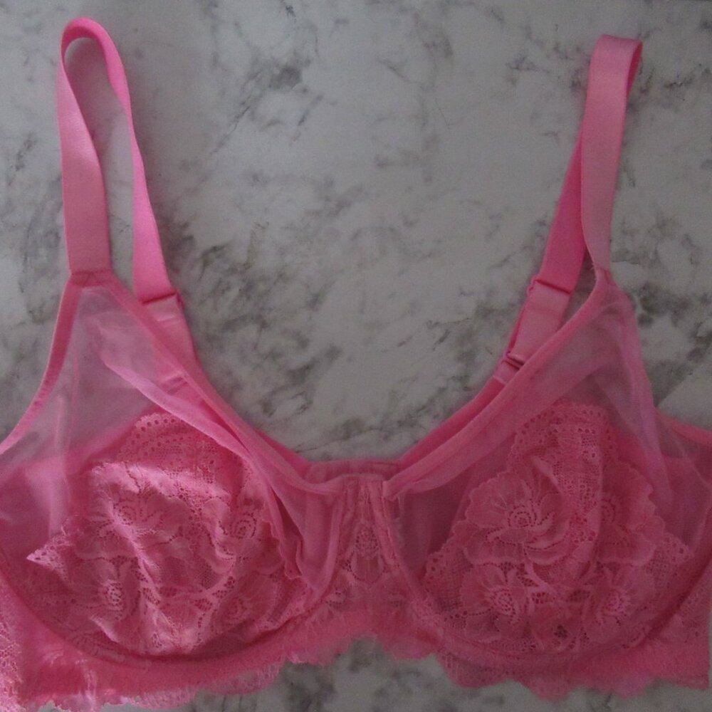 She Curve Bra 38F Pink‎ Lace Sheer Underwire Full Coverage Back Closure